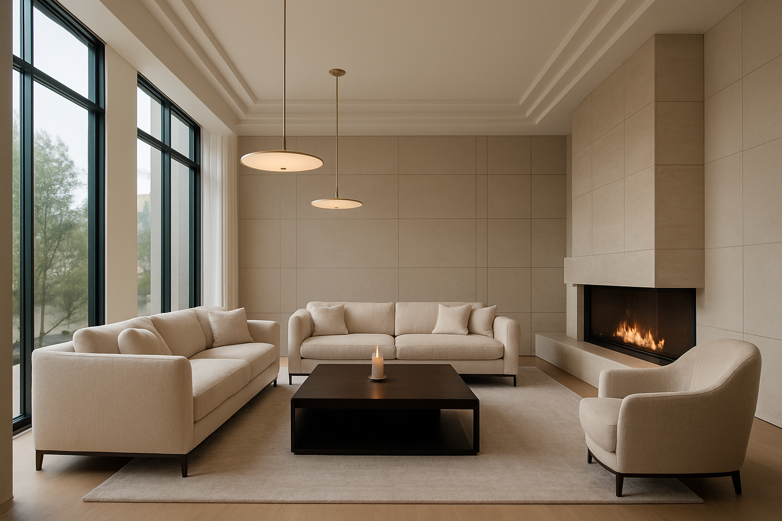 MODERNALISTIC HOUSE WITH LOTS OF LIGHTING WITH PEACEFUL NESS AND A CANDLE BURNING WITH A LIVING ROOM EXPENSIVE, GIVE LUXERY WITH A MODERN FIREPLACE AND NICE COUCHES AND A CARPET.