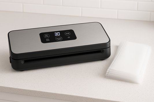 75Kpa Vacuum Sealer Machine, 6-in-1 Food Sealer with Digital Timer & Dry/Moist Modes, Compact Design, Includes 10 Bags + Built-in Cutter (Silver)