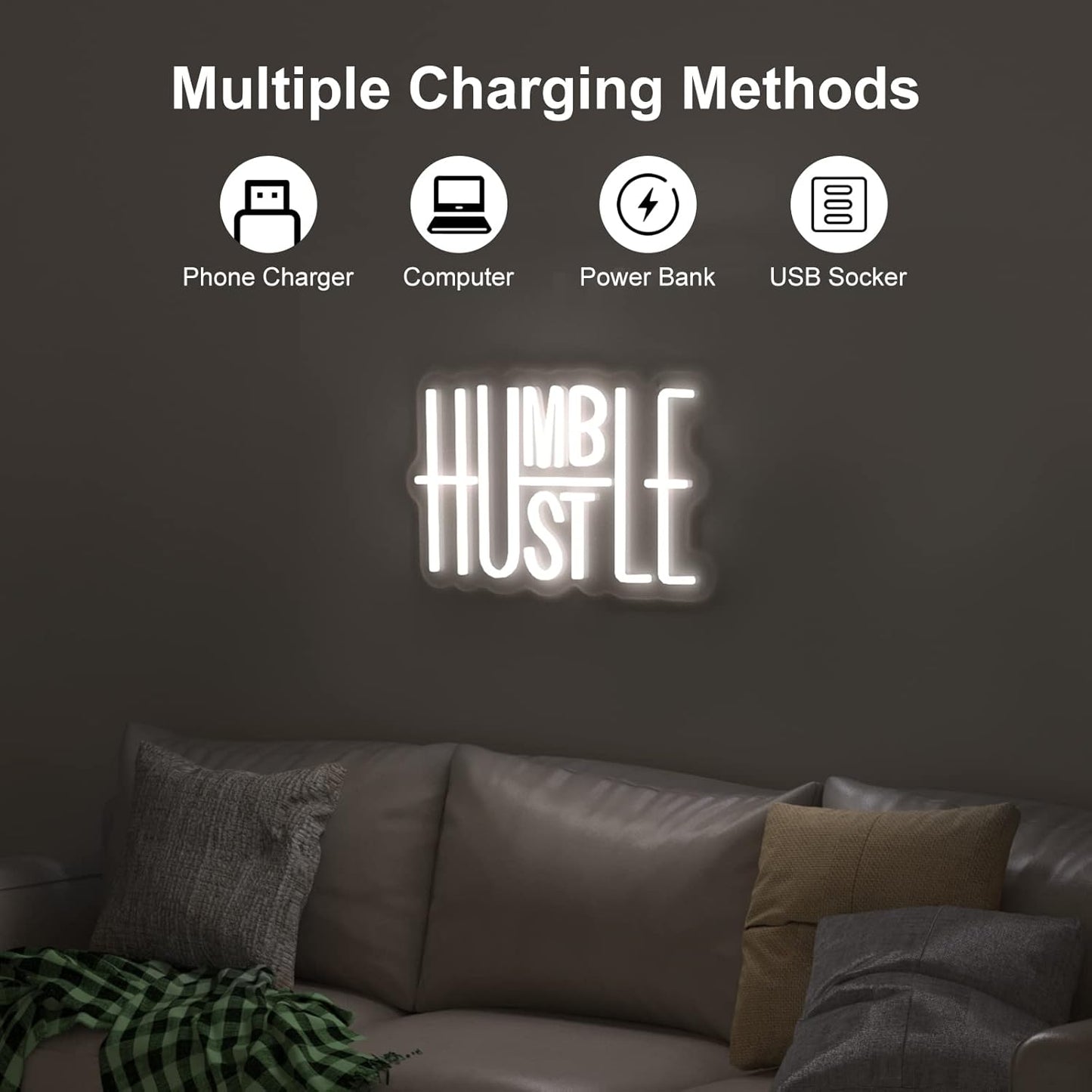 Bright Hustle and Humble Neon Sign